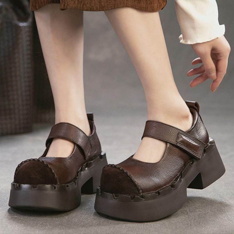 Johnature Женские туфли-лодочки на платформе, модные, с круглым носком, на высоком каблуке, из натуральной кожи, на толстой подошве