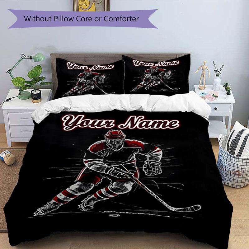 3PC Custom Name Hockey Player Action Bedding Set Duvet Cover Closure Includes 1 Duvet Cover & 2 Pillowcases for Bedroom