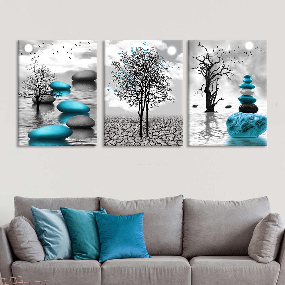 Modern Black and White Landscape Canvas Painting Blue Zen Stone Posters and Prints, Tree Art for Living Room Decoration Unframed
