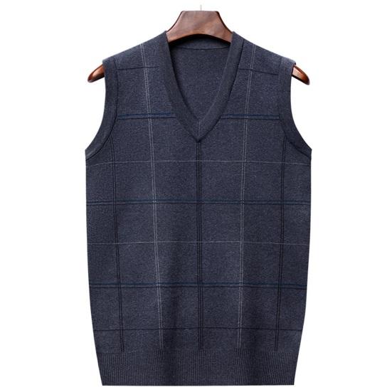 Sweater Vest Knitted Loose Pullover V Neck Plaid Print Elastic Soft Warm Mid-aged Father Grandfather