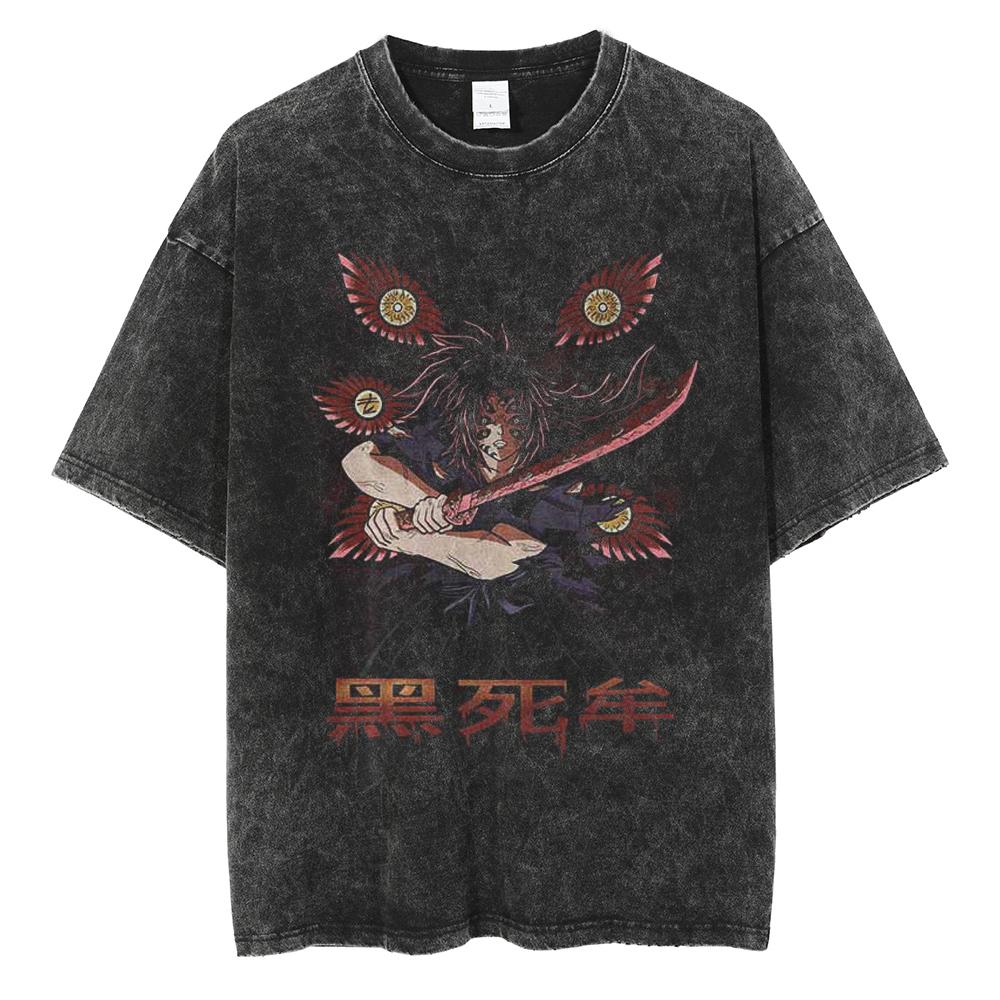 Hot Anime Demon Slayer Kokushibo Graphic Print Washed T Shirt Men Vintage Cotton Tshirts Manga Casual Tee Harajuku Male T-shirt