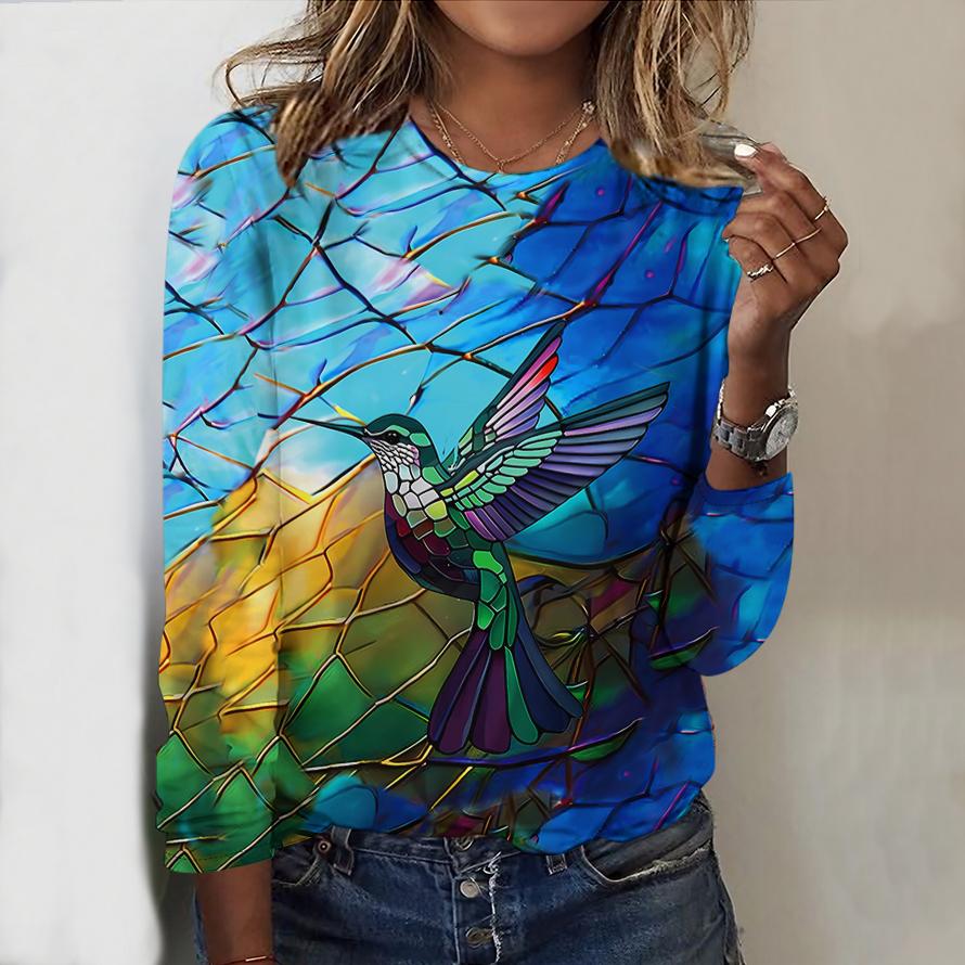Tops For Women Colorful Flamingo Print Round Neck Long Sleeve T-shirt Fall Casual Slim Pullover Women's Long Sleeve Top