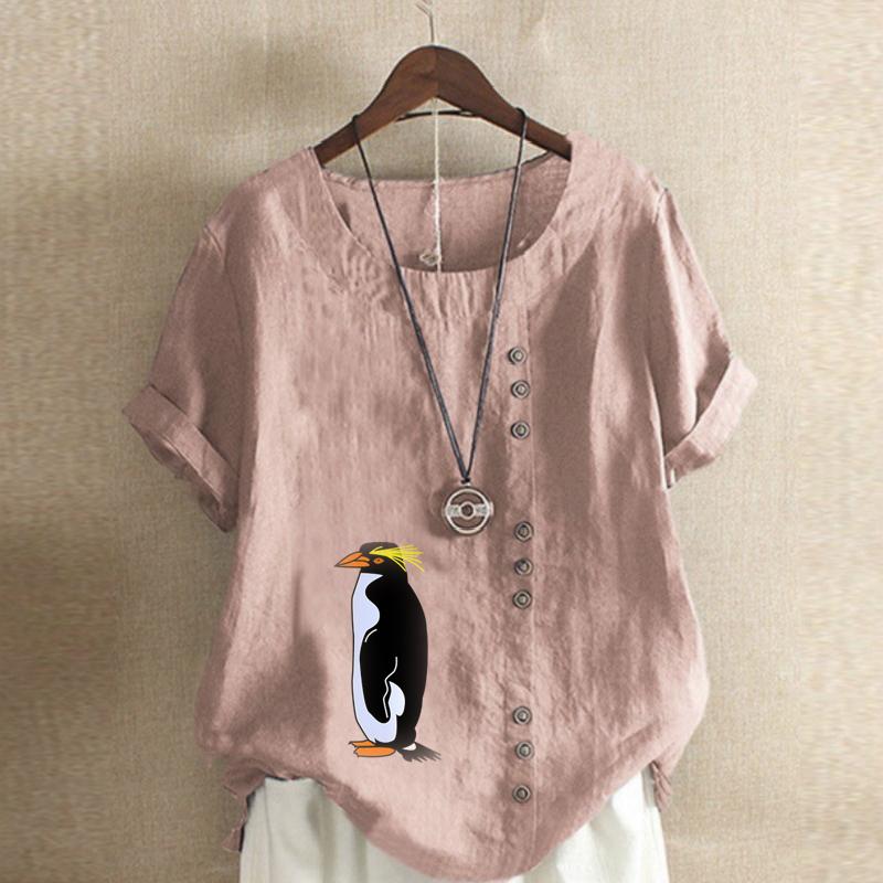 Women's New Fashion Linen Shirt Round Neck Short Sleeve Penguin Printed T-shirt Summer Ladies Casual Plus Size Blouse Tops