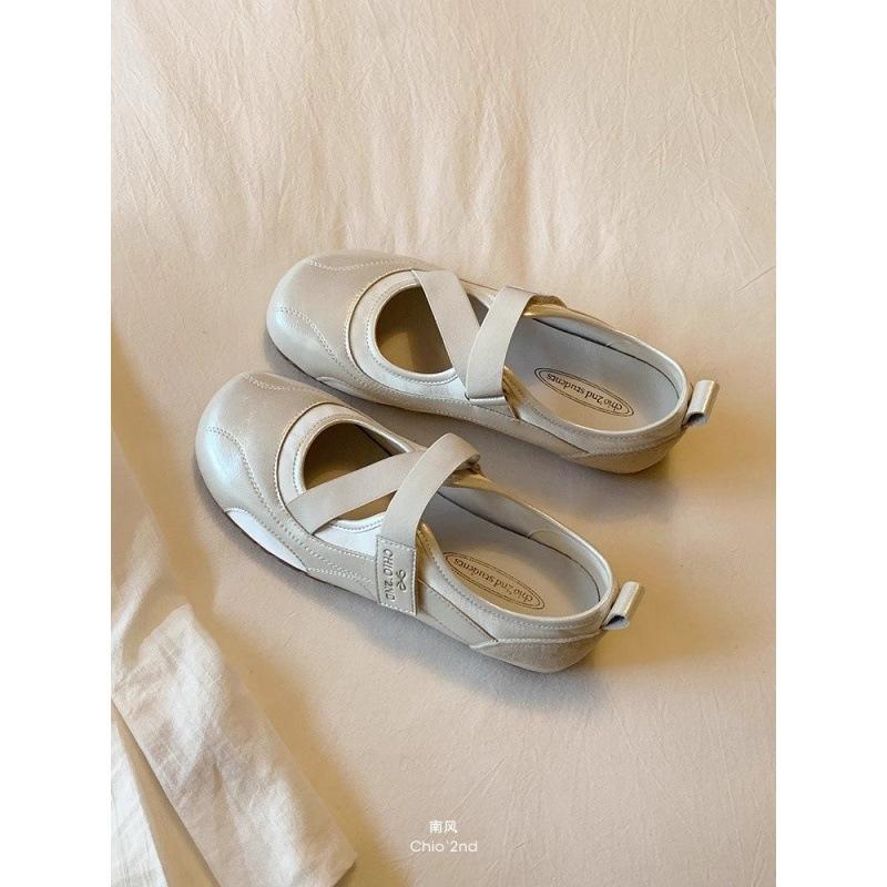 2026 new puff single shoes women's cross strap light-colored small leather shoes summer shoes with skirts flat shoes