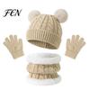 Thickened Warmth Set for Autumn Kids Winter Warm Knit Set, Bear Ear Hat, Fleece Lined Neck Gaiter & Five Finger Gloves Toddlers Full Gloves,