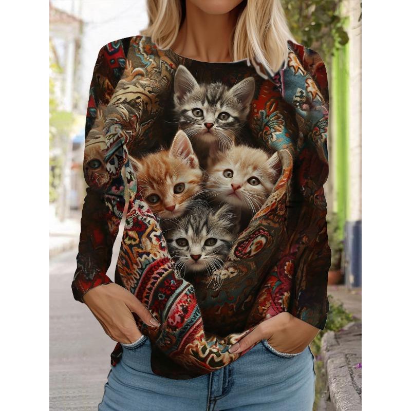 Рождественский женский круглый вырез с длинным рукавом и принтом котенка, длинный рукав, праздничный свитер с 3D-принтом, длинный рукав, весна и осень