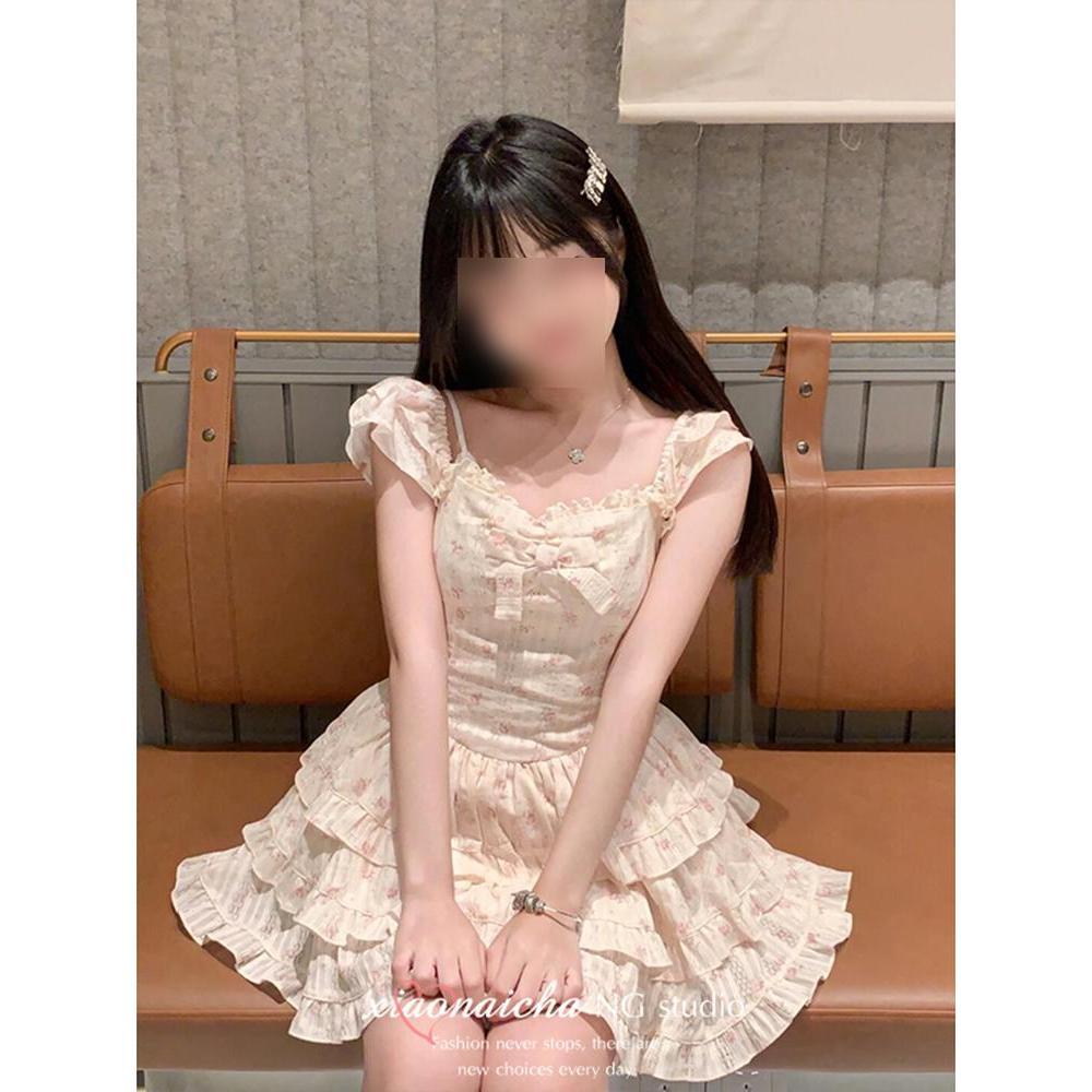 Фэн Сяо платье с рукавами-фонариками с цветочным принтом женское летнее нежное с заниженной талией пушистое платье-торт короткая юбка