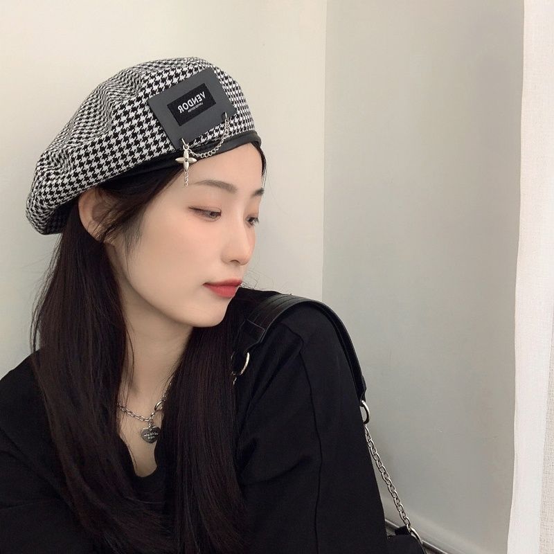 Винтажная клетчатая шляпа с цепочкой, крутые модные японские шапочки, берет с металлической нашивкой, элегантная, милая, модная шляпа уличного художника