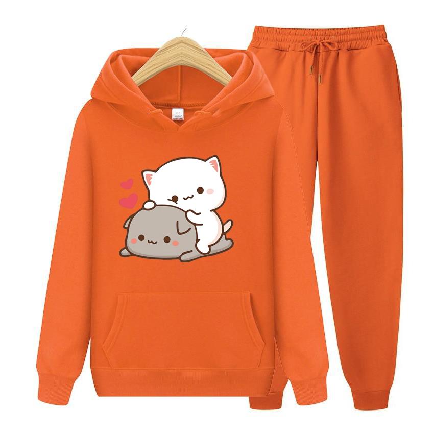 Женский комплект с капюшоном с длинными рукавами Kawaii Girl, комплект свитшотов в стиле аниме, негабаритный повседневный пуловер, милая пара, подарок на день Святого Валентина, комплект с капюшоном