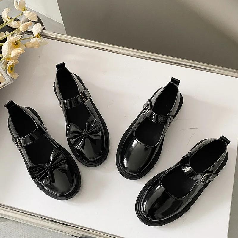 Японские милые черные кожаные туфли с бантом 2024 года, туфли Мэри Джейн с круглым носком и неглубоким носком на низком каблуке для женщин, туфли на платформе