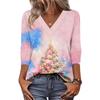 Women's Loose Comfortable Casual Fashion V-Neck Christmas Print 3/4 Sleeve Top