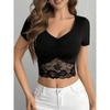 Летняя женская элегантная футболка с V-образным вырезом, кружевом и короткими рукавами, тонкая короткая футболка