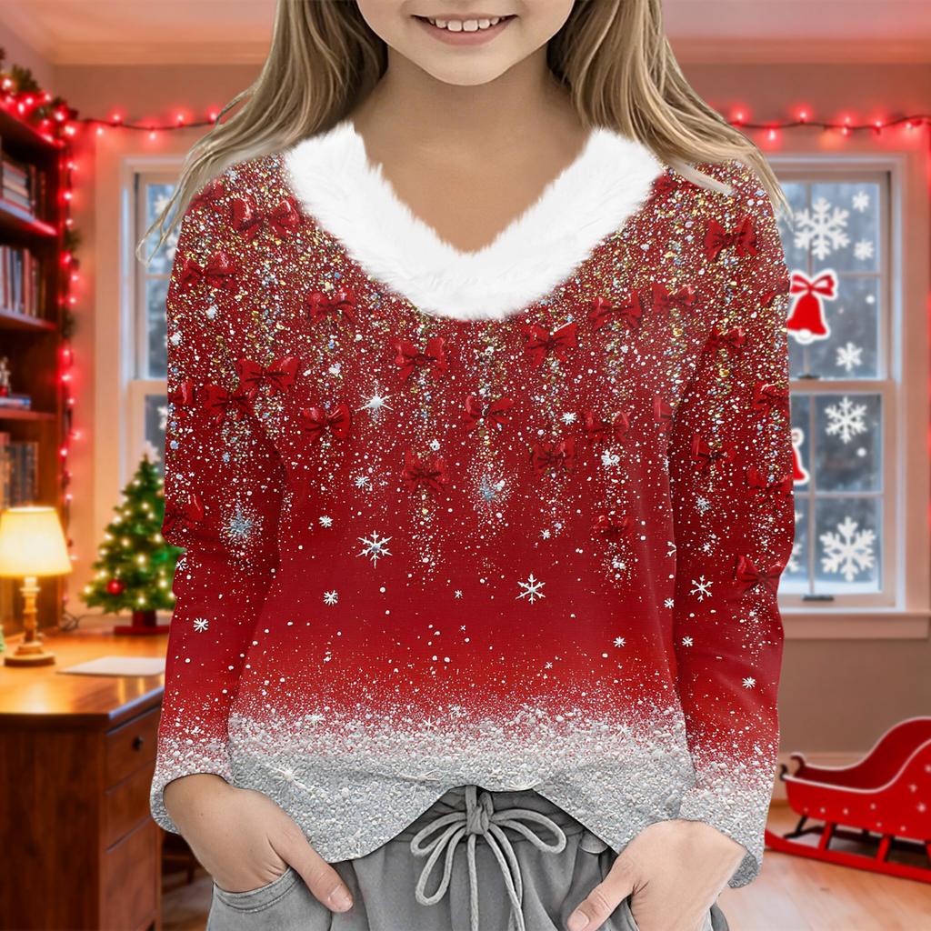 Christmas Day Girls Long Sleeve T Shirts Kids Girls' V-Neck Tee Christmas Print Long Sleeve Top