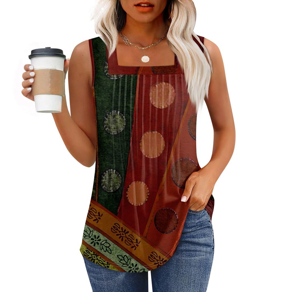 Майка для женщин Летние наряды Без рукавов Блузки с принтом Повседневные свободные рубашки Плиссированные квадратные вырезы