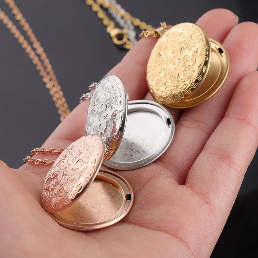 316L Mirror Stainless Steel Vintage Floral Locket Necklace with Openable Photo Frame