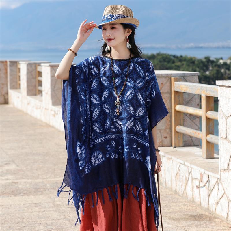 Four Season Imitation Tie Dye Printed Ethnic Style Scarf, Women'S Retro Famous Ethnic Style Blue And White Porcelain Sunscreen Cloak, Large Shawl