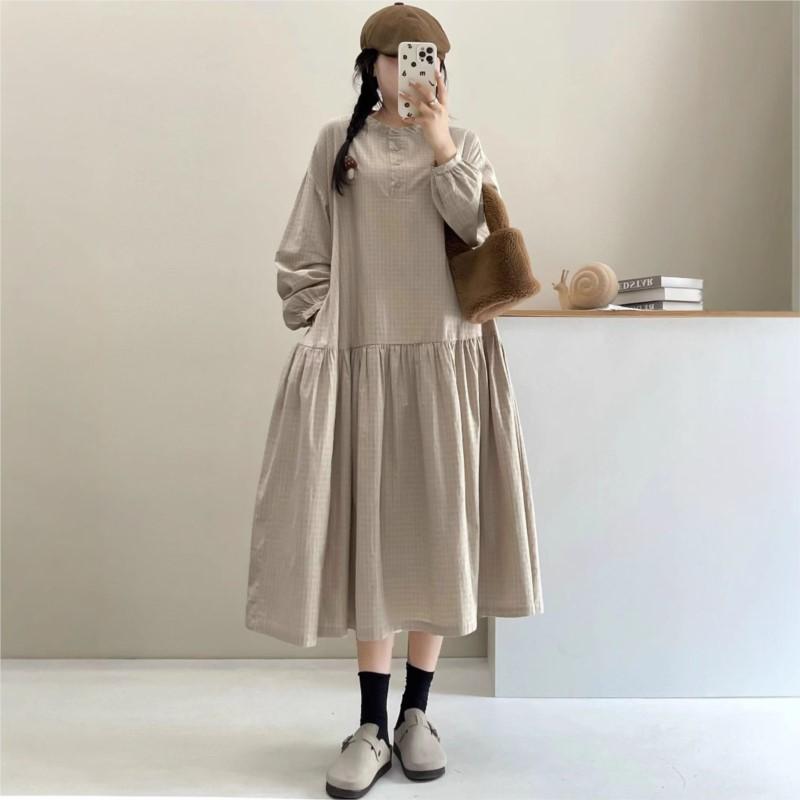 Johnature Платье в японском стиле с воротником-стойкой в клетку, весна-осень, ретро, универсальные, свободные, женские платья в стиле пэчворк