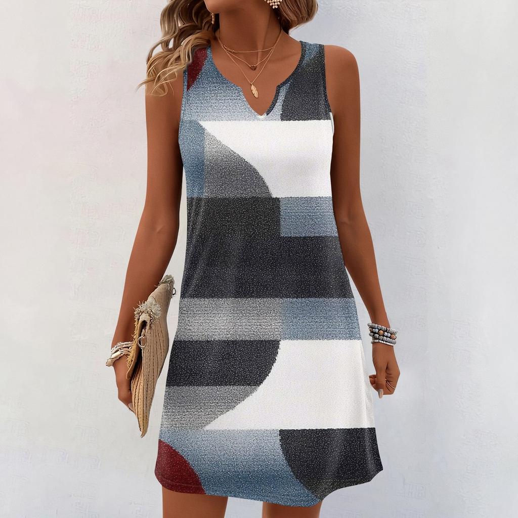 Women Summer Dresses V-Neck Print Sleeveless Sundress Casual Dress
