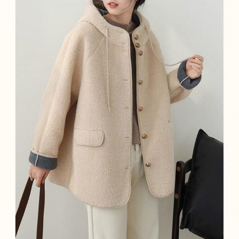 Женские свободные куртки с капюшоном из овечьей шерсти, повседневные однобортные толстые пальто, зимнее теплое пальто с длинным рукавом из гранулированного бархата