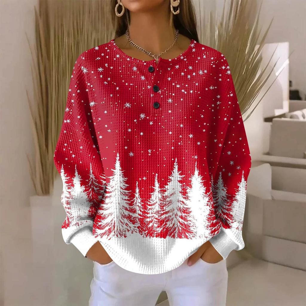 Women's Fashionable Casual Christmas Print V-Neck Long-Sleeved Button-Down Blouse
