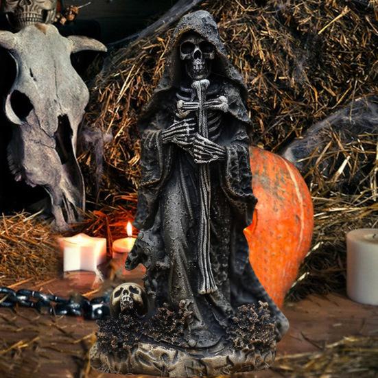 Halloween Black Robe Skeleton Figurine Gothic Cross Skeleton Resin Statue Sculpture Home Office Desktop Bookshelf Decoration Ornament Festival Gift