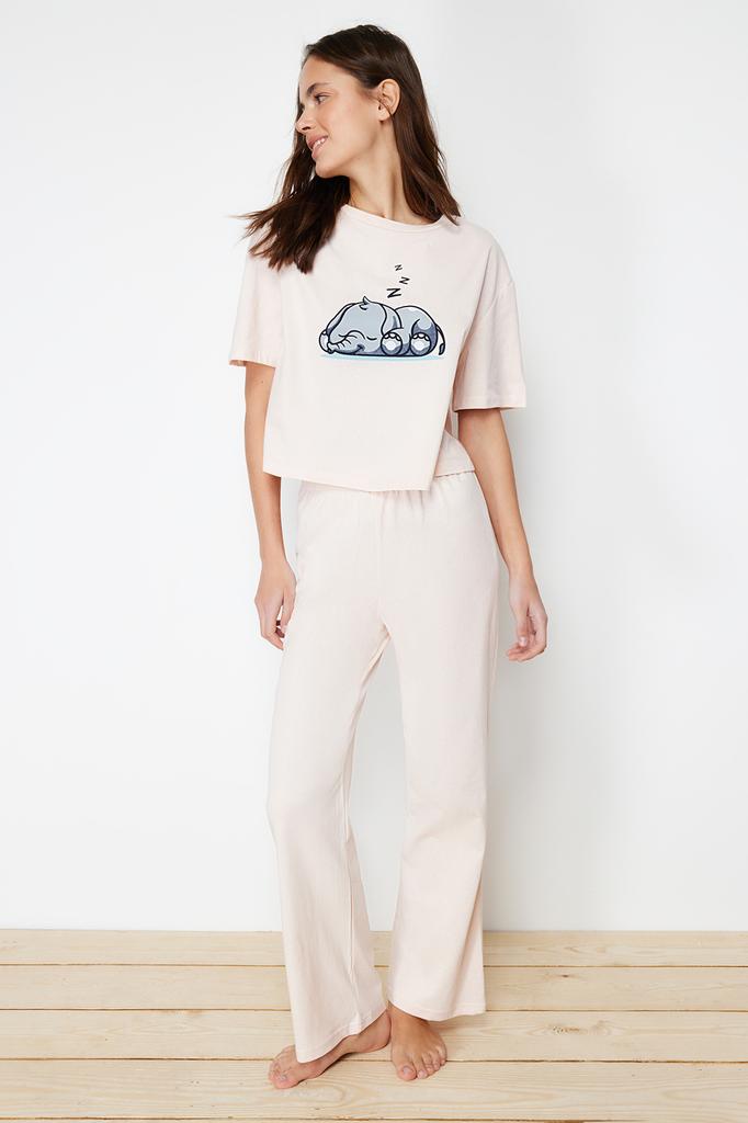 Women's Fashion New Pajama Set Powder 100% Cotton Elephant Printed Knitted Pajama Set