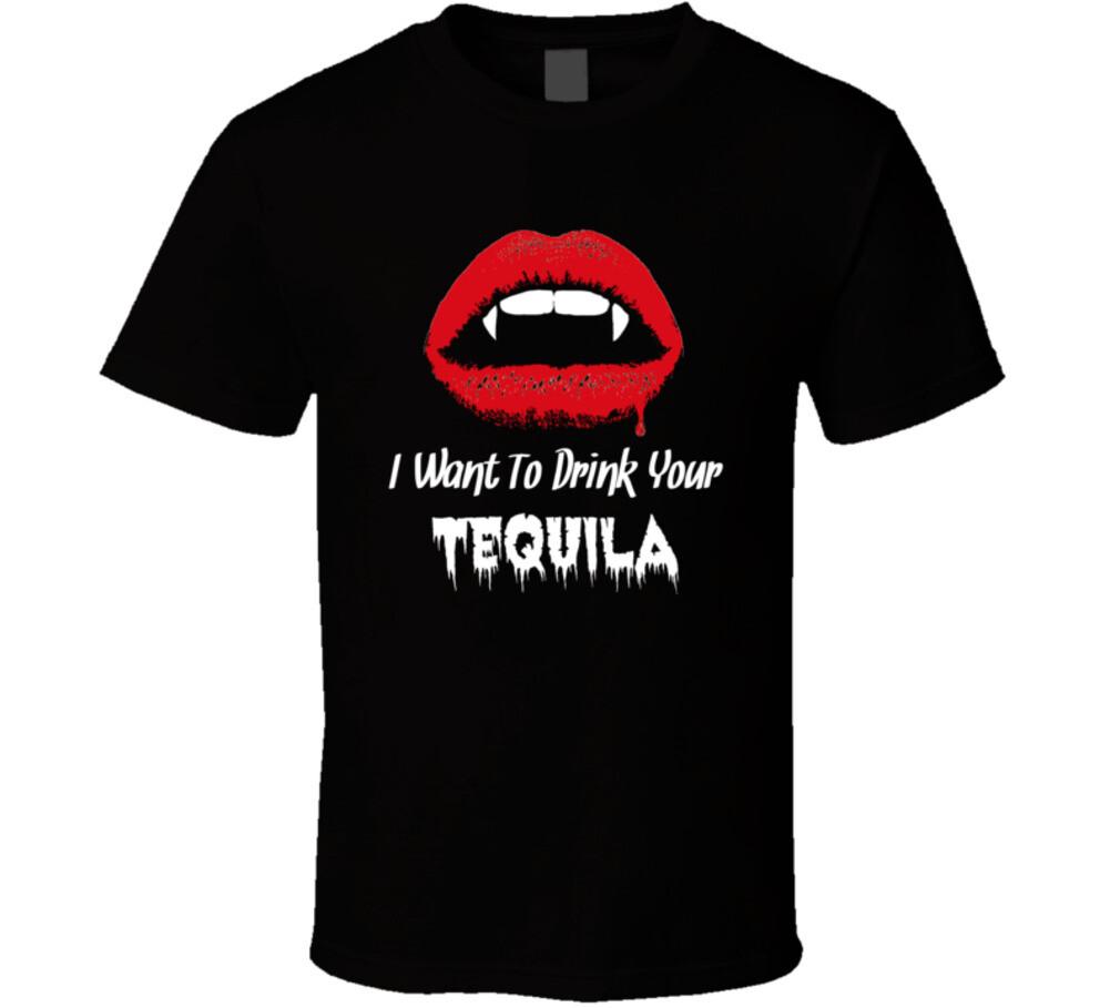 I Want To Drink Your Tequila Halloween Tshirt Unisex New Vampire Fangs Party Tee