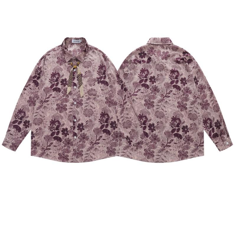 American Vintage Floral Shirt Men Women Loose Fit Long Sleeve Button Up Top Casual Wear