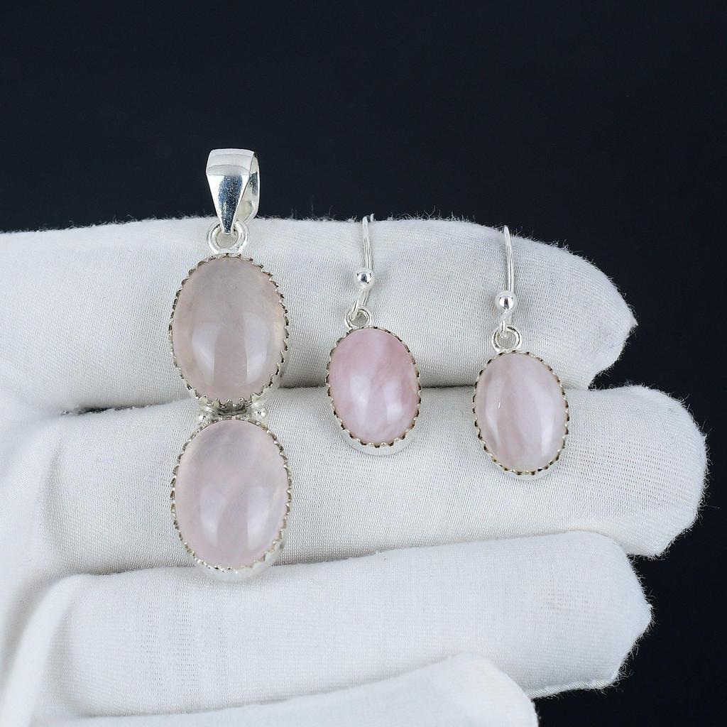 Natural Rose Quartz Pendant Set, Rose Quartz Gemstone Handmade 925 Sterling Silver Earring Pendant Set For Women Pendant Party Wear Gift