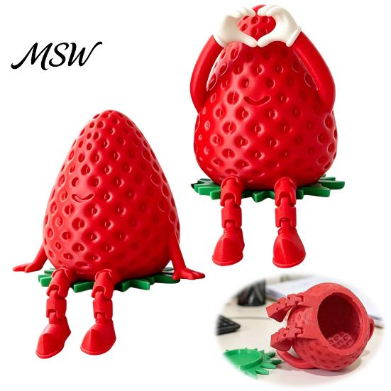 Kawaii Room Decor Accessories 3D Printed Articulated Strawberry Storage Box, Cute Figurine with Funny Desk for Women Movable Limbs, Mini Trinket