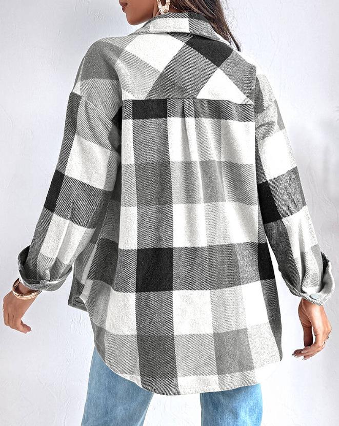 Autumn and winter new European and American fashion commuter OL plaid lapel single-breasted thickened long-sleeved shirt top women