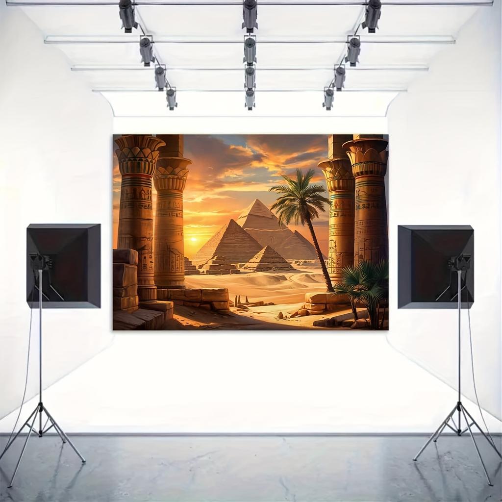 2D Flat Background Banner - Ancient Egyptian Pillars Desert Pyramid Sunset Scene, Party Decoration