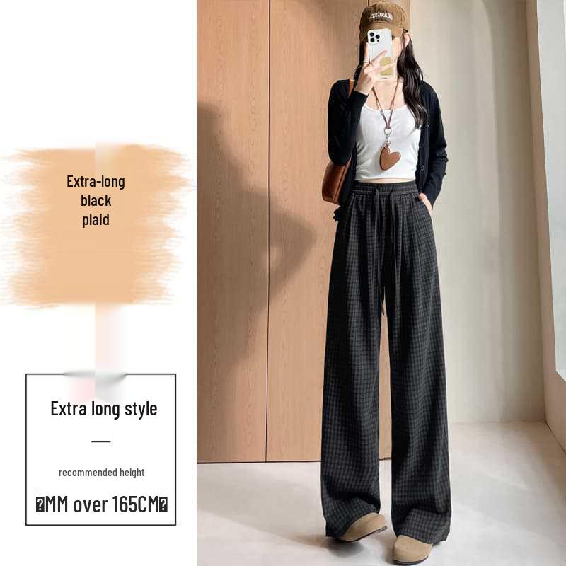 Женские осенние брюки 2025 года в синюю клетку с высокой талией и широкими штанинами на кулиске - Ретро, Стройнящий, Повседневный стиль