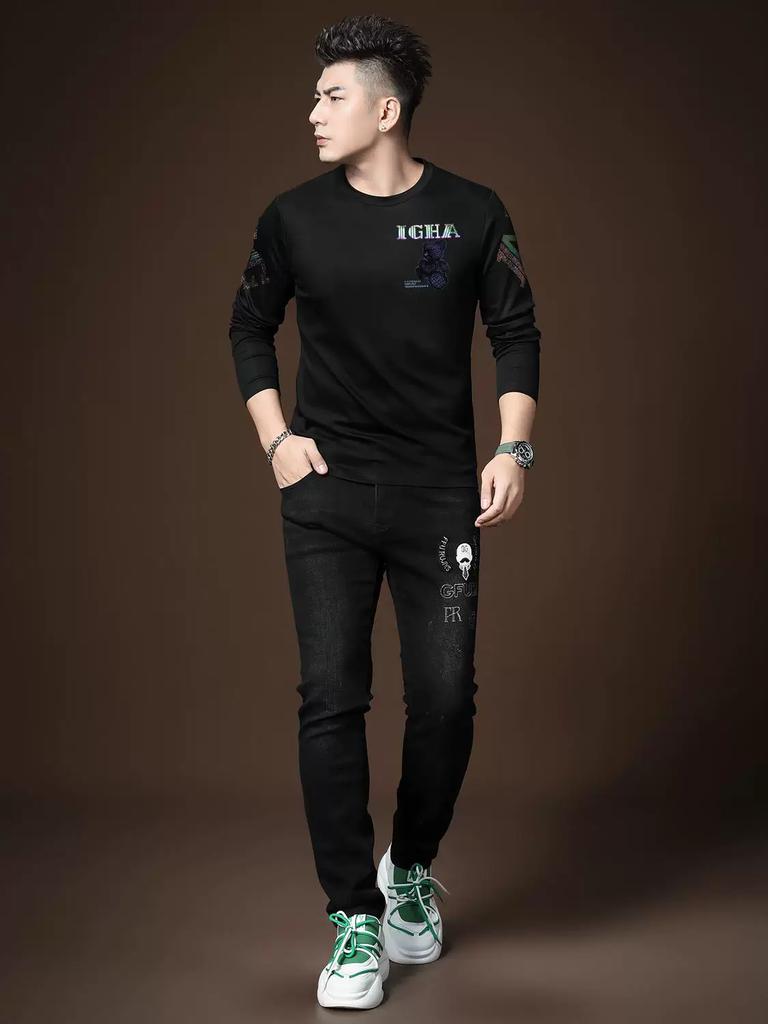 European Trendy Brand Bear Rhinestone Long-Sleeve T-Shirt for Men 2025 New Autumn Round Neck Casual Top