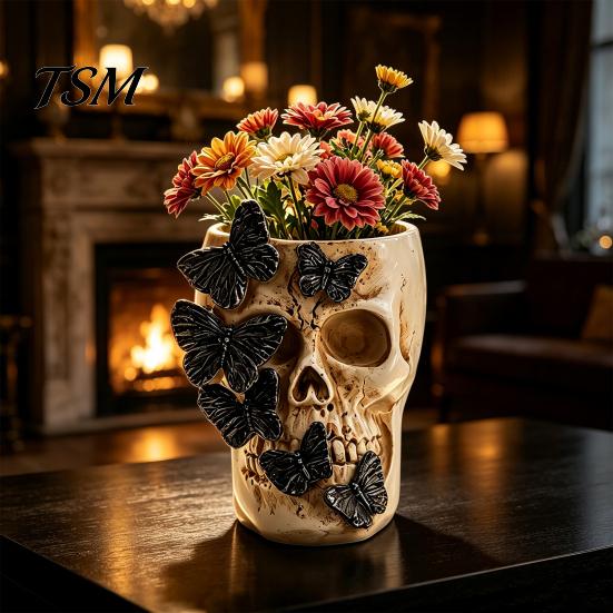 Niche Gothic Gifts Black Butterfly Skull Vase, Resin Skeleton Pen Holder, Flower Vase Arrangement Container, Creative Desktop Organizer for