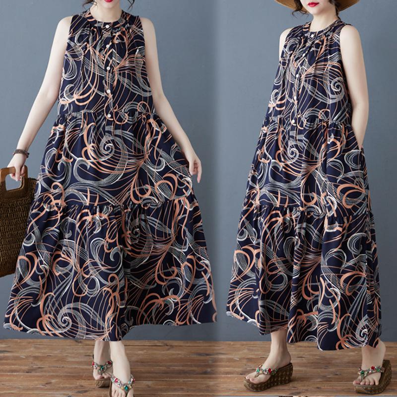 Летнее художественное свободное шифоновое платье с воротником-стойкой без рукавов средней длины для женщин, винтажные длинные платья с жилетом