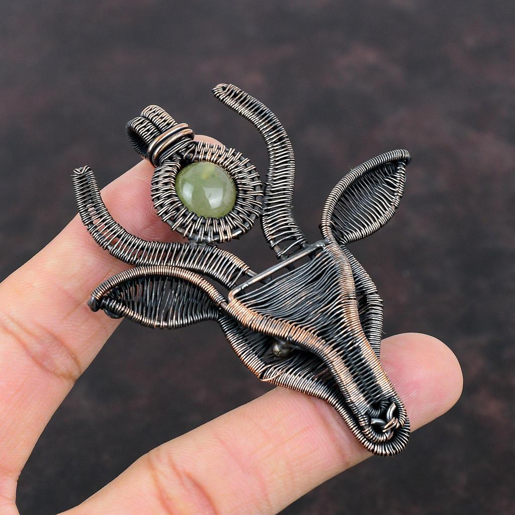 Подвеска из пренита, медная проволочная подвеска, ручная работа, подвеска в виде коровьей морды, ювелирные изделия из драгоценных камней, этническая подвеска, медные ювелирные изделия, подарок для нее