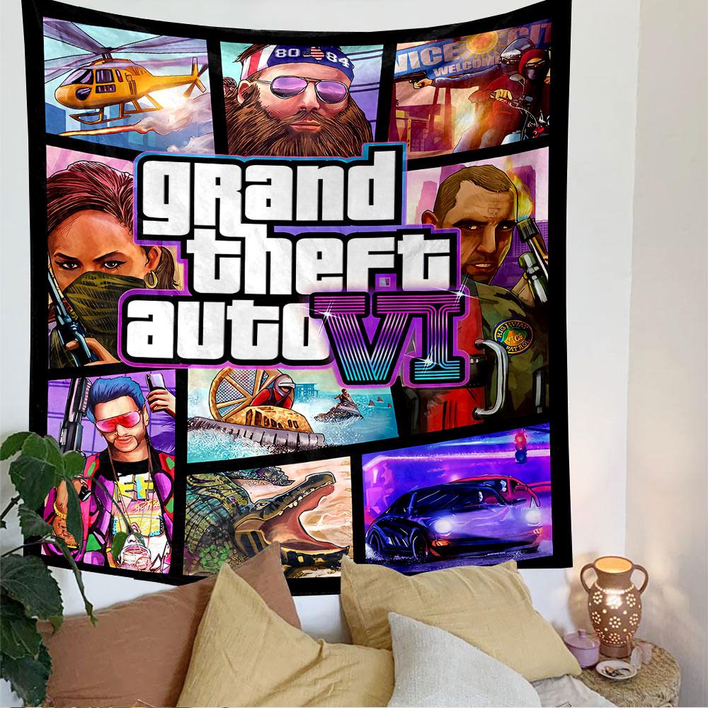 Гобелен GTA VI для стены, Постерное искусство Grand Theft Auto 6, Декор стены для геймера в спальню, гостиную, общежитие