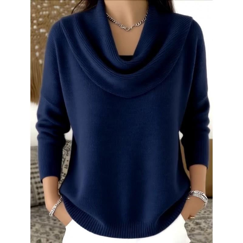 2026 Womens Solid Color Long Sleeve Knit Sweater Loose Fit U-Neck Casual Pullover