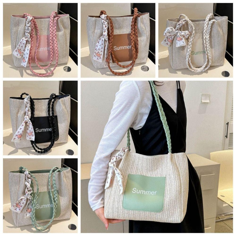 Ribbon Beach Shoulder Bag Balletcore Women Handbag Portable Straw Woven Tote Bag  Travel