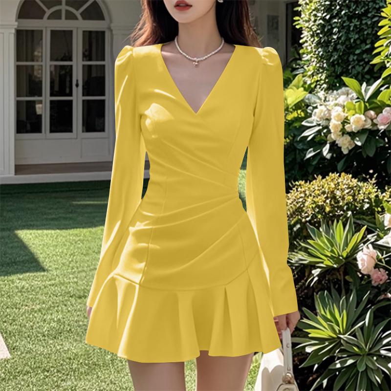 VONDA Женские элегантные платья с V-образным вырезом, плиссировкой и длинными рукавами, оборками по подолу