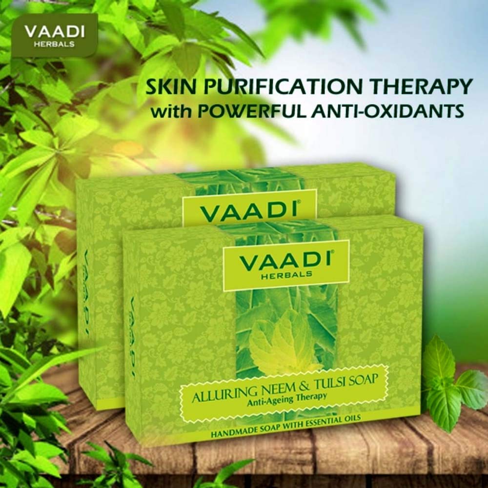 Vaadi Herbals Alluring Neem Tulsi Soap With Vitamin E & Tea Tree Oil Natural Cleansing Bath Bar 75 g X Pack Of 6