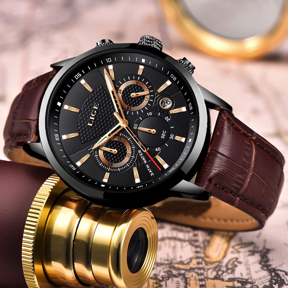 Часы LIGE кожаный ремешок черный стандартный часы LG9866G мужские мужские