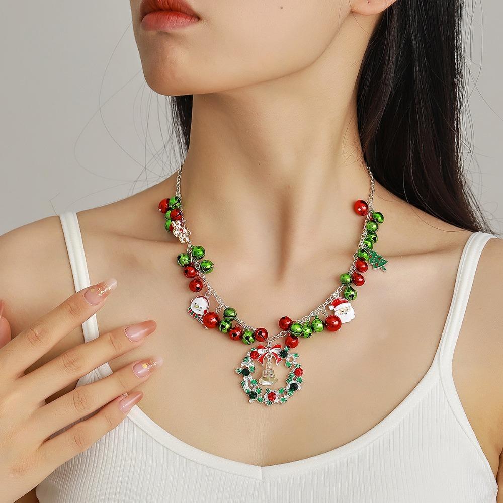 Santa Claus Red Green Bell Choker Necklace Korean Style Xmas Bead Clavicle Chain Party