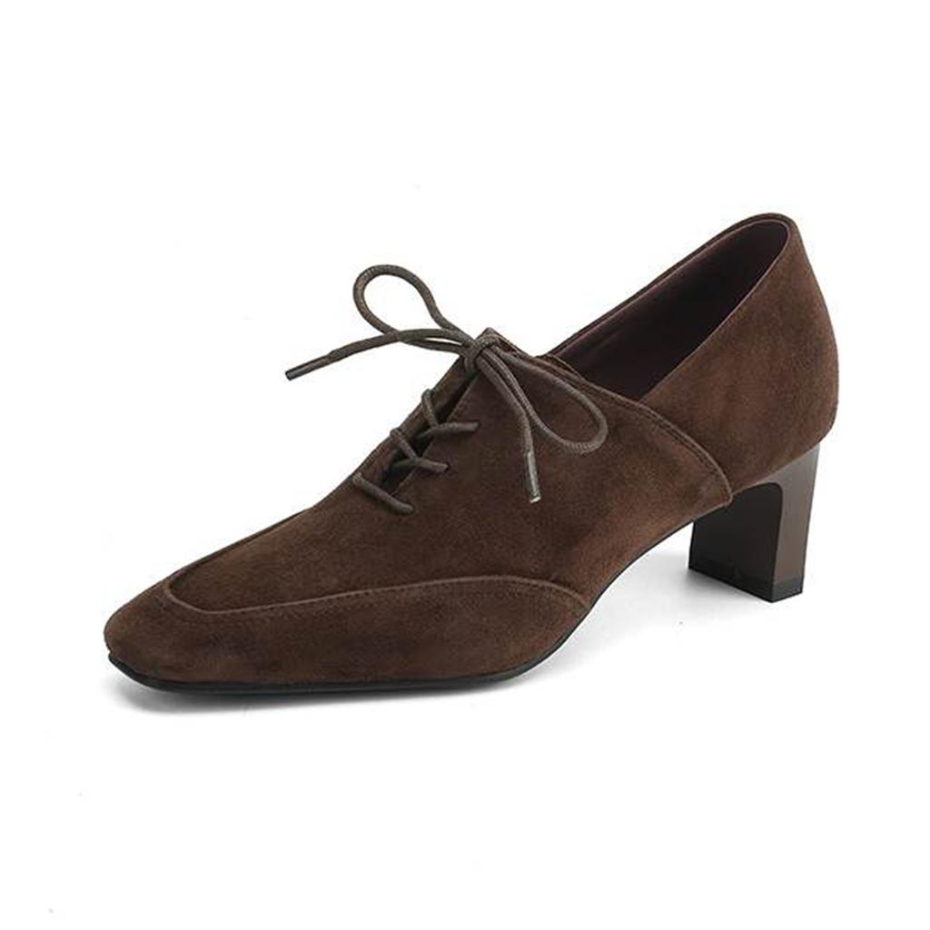 Krazing Pot Sheep Suede Autumn Winter Shoes Stiletto Med Heels Lace Up Size 43 Size 42 Pointed Toe Deep Mouth Pumps