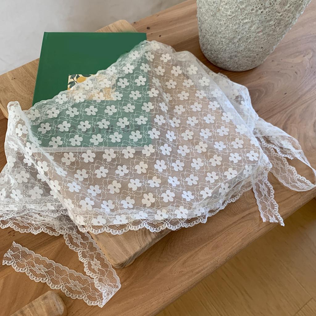 Lace Flower Elegant Sweet Women's White Triangle Scarf –Lightweight&Breathable with Ribbon,Artistic Style for Travel Photography