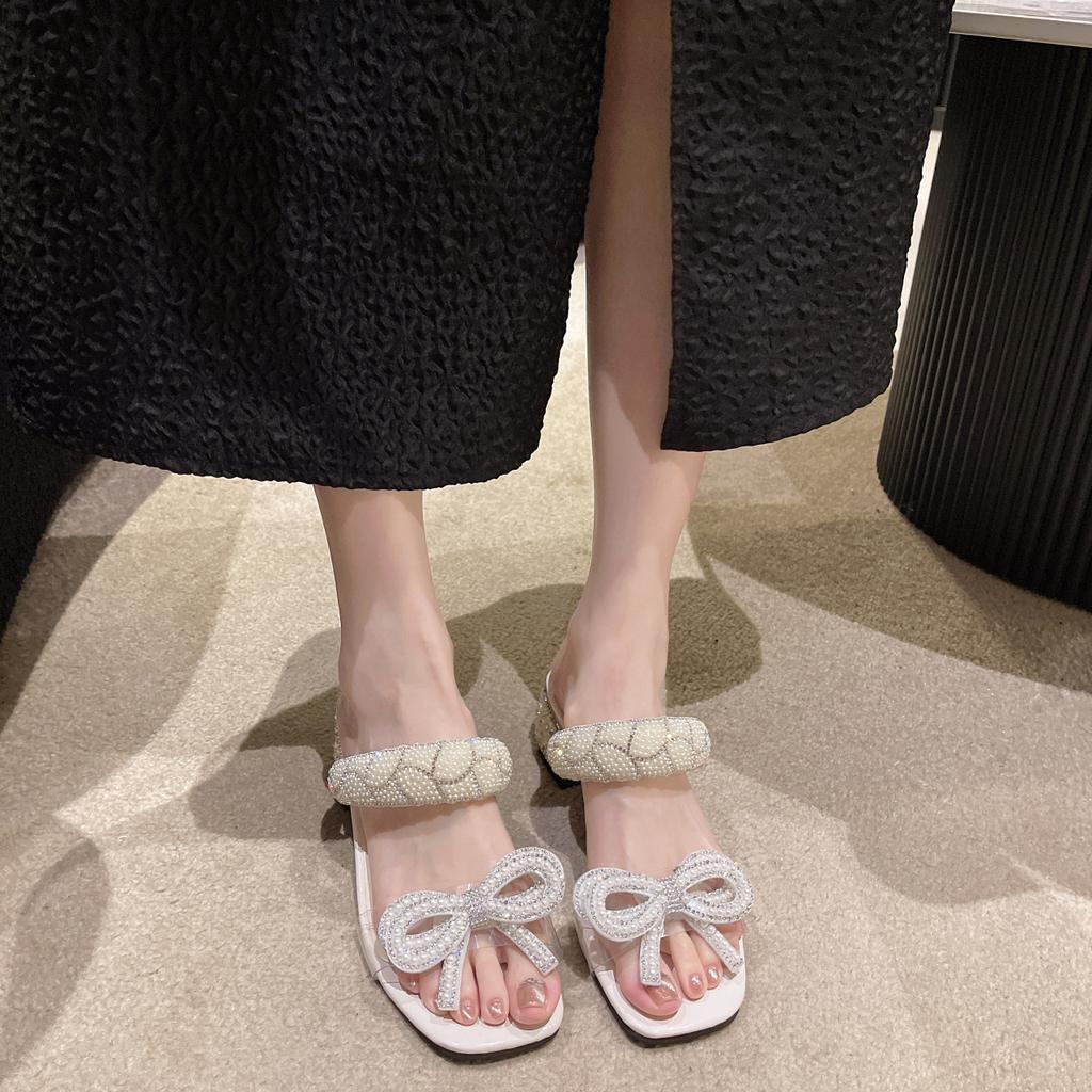 Gentle bow thick heel sandals women's 2025 summer new one-word with transparent rhinestone square head open-toed fairy shoes