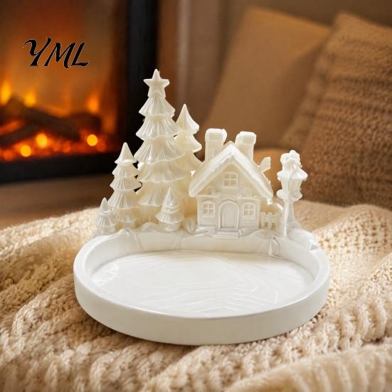 Modern Home Accent Piece Christmas Winter Village Jewelry Tray, 3D Printed Snow House Pine Tree Decorative Dish, Town Atmosphere Decoration