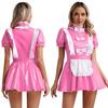 Женская униформа Naughty Maid, Клубная одежда, глянцевое лакированное кожаное платье для косплея горничной, фартук с оборками и бантом, платье трапециевидной формы с пышными рукавами