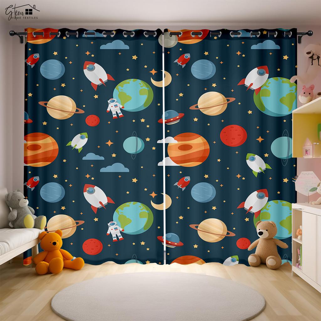 Cartoon Aerospace 3D Printing Drapes Astronaut Spaceman Spaceship Rocket Moon Planet Bedchamber Children ' s SpaceDrapes